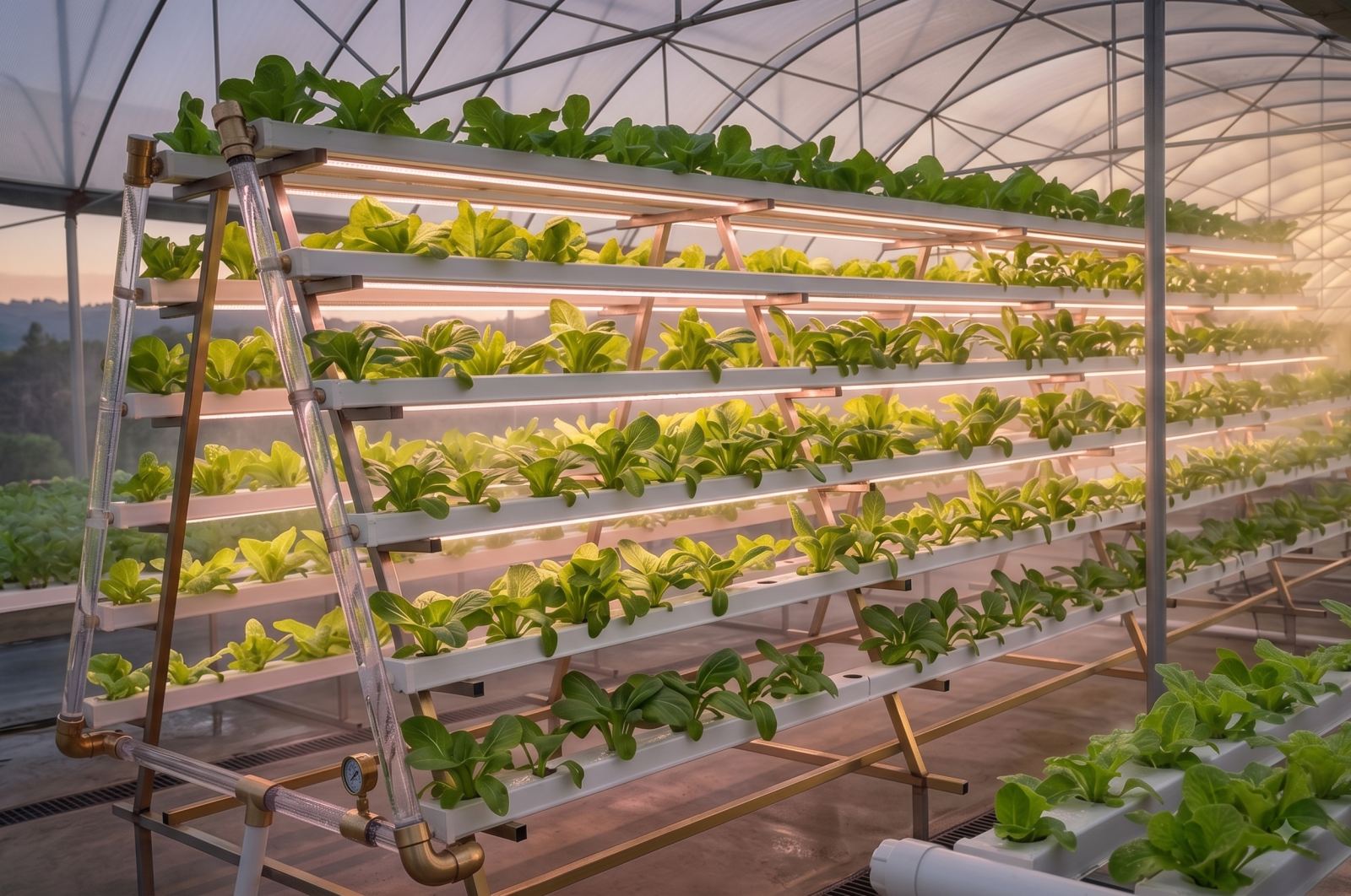 A tiered A-frame NFT rack growing lettuce under a polyhouse