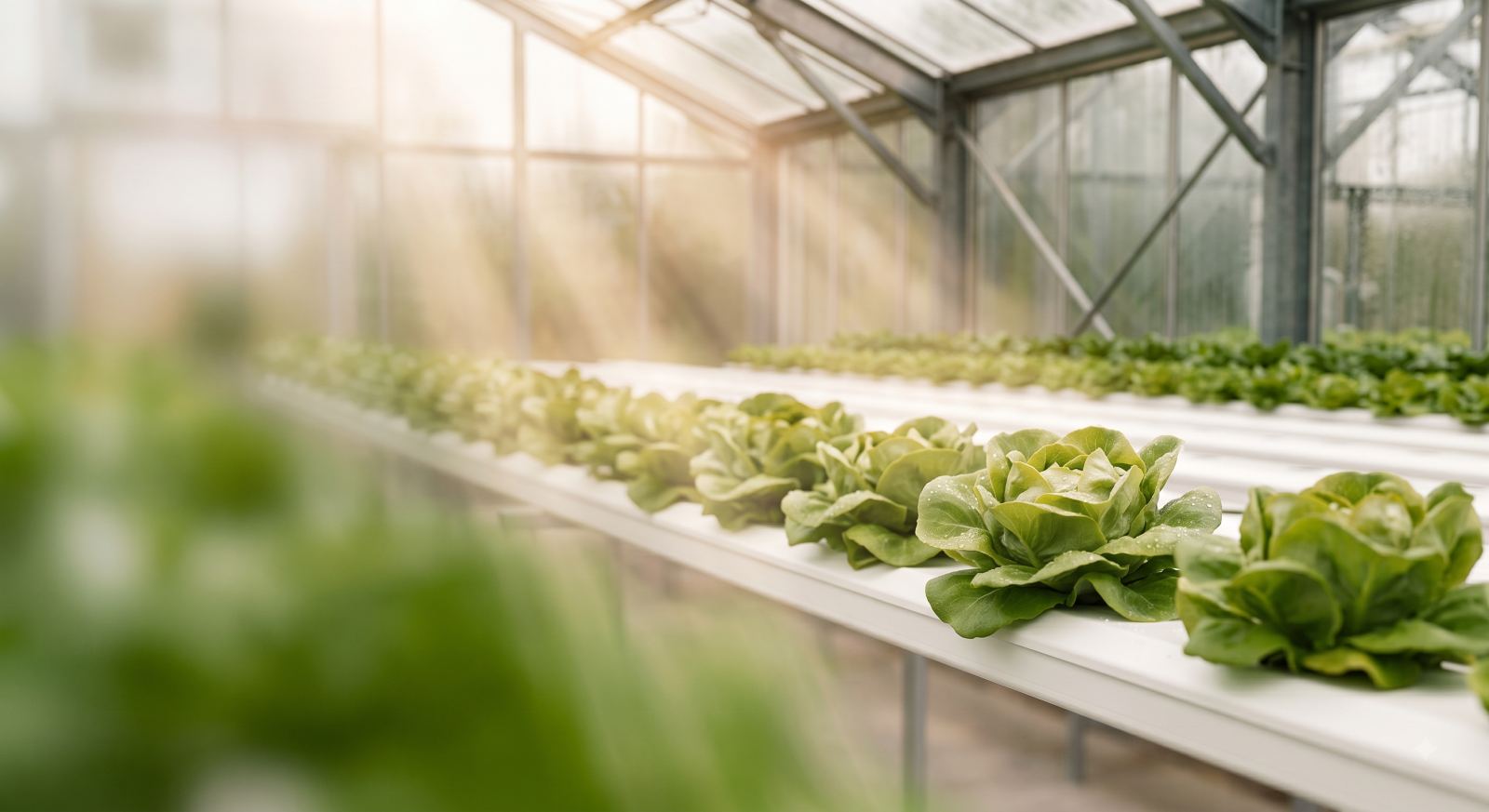 Long rows of a crop under greenhouse cover