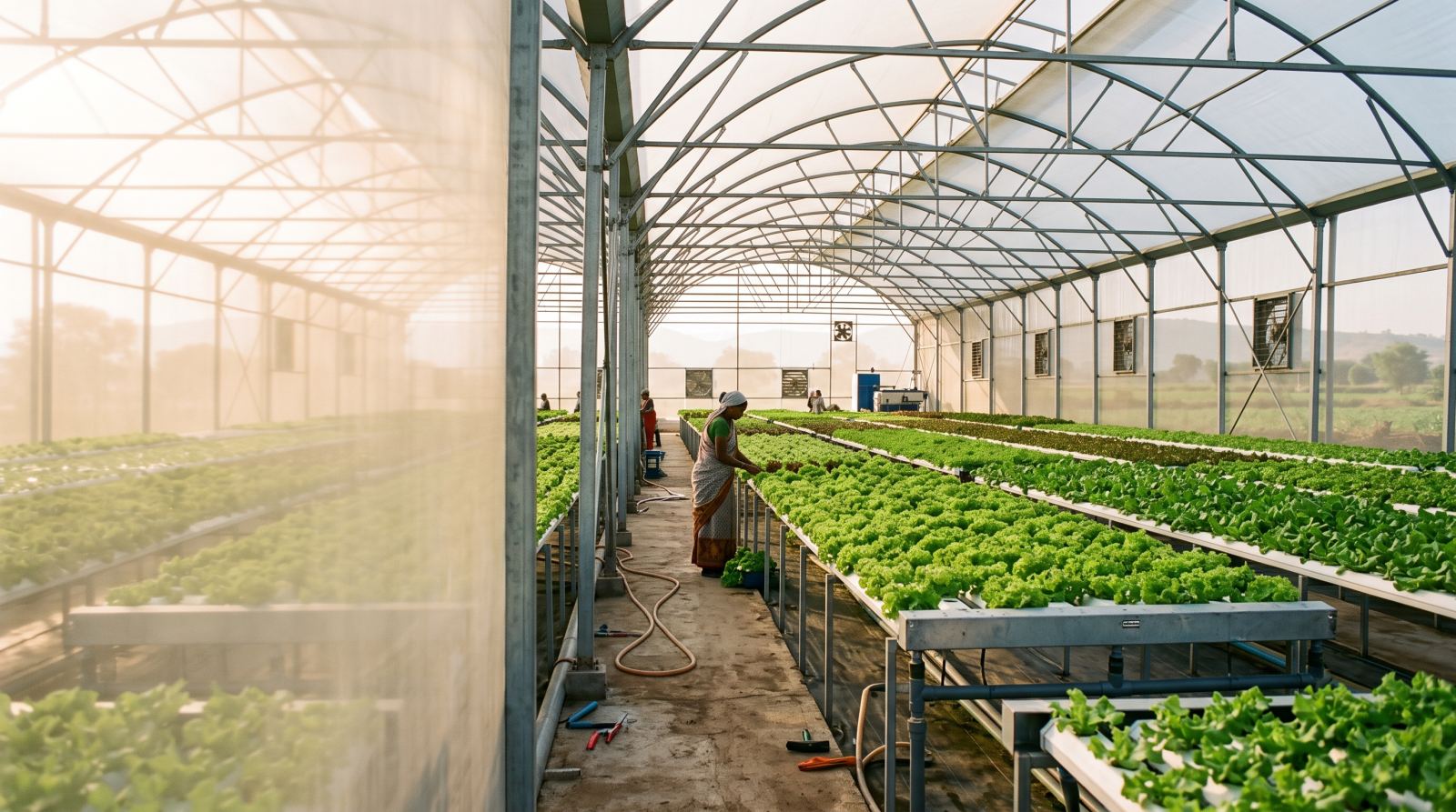 A grower tending beds of leafy greens inside a working polyhouse